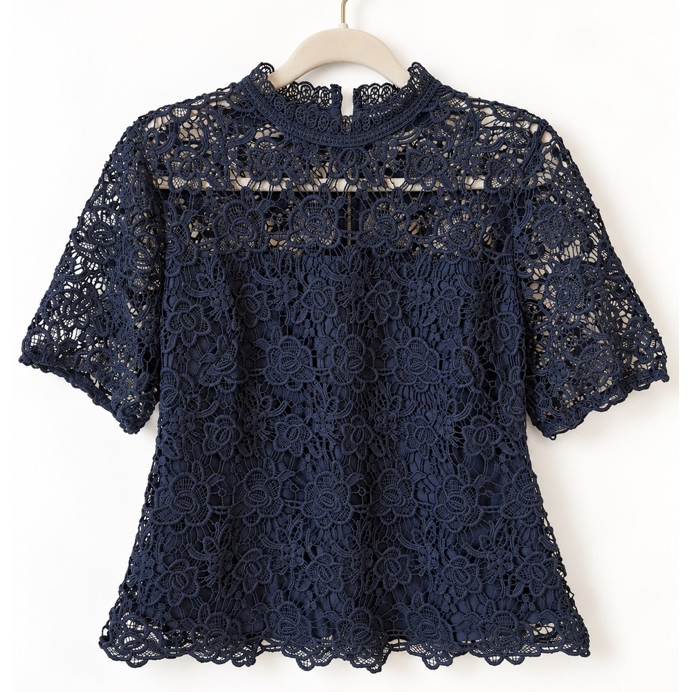Nanette Lepore Lace Top Womens Size M Navy Blue Mock Neck Zipper Back Coquette
